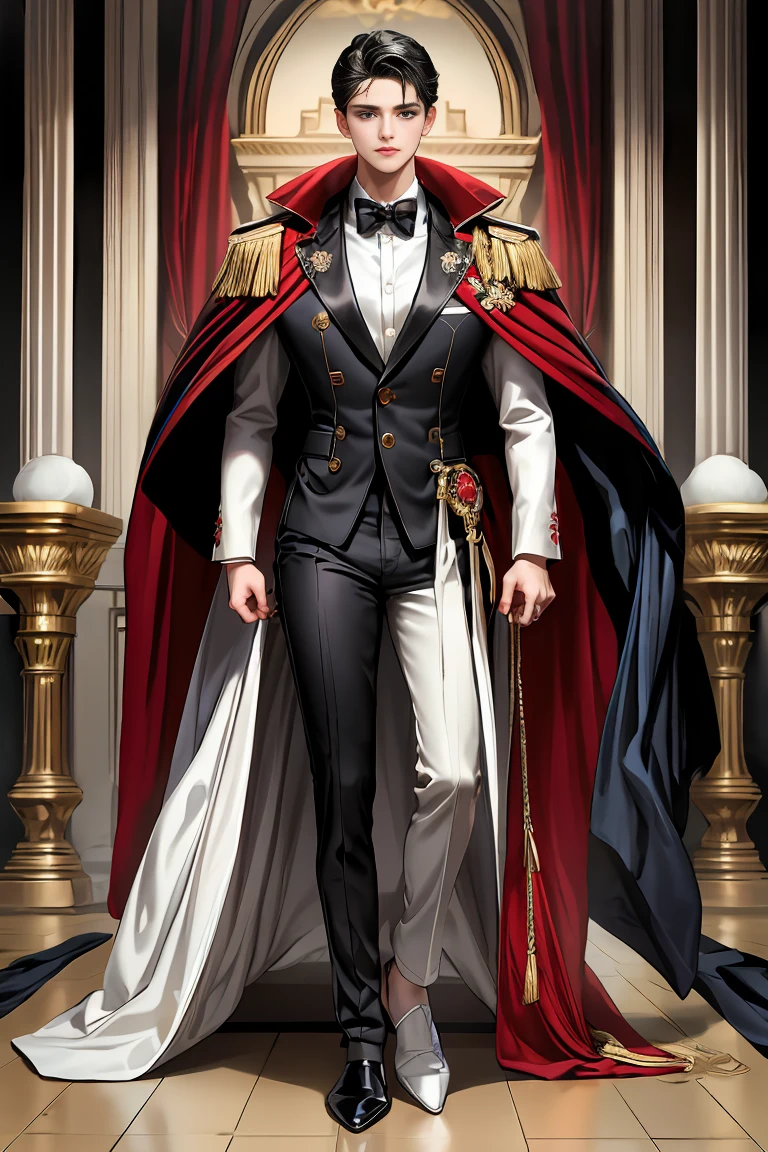 masterpiece, 最high quality, high quality, 1 boy, alone, Male focus, Watching the audience, Messy black hair, Adorable big blue eyes, White, Noble, Noble,A sexy, voluminous, puffy cape、tuxedo、A very voluminous, large, very large, very large, long, long red and black cape with a high stand-up collar, made of a lot of fabric that reaches down to the floor., ,Cute beautiful boys,Cute, cute, kind, handsome guy