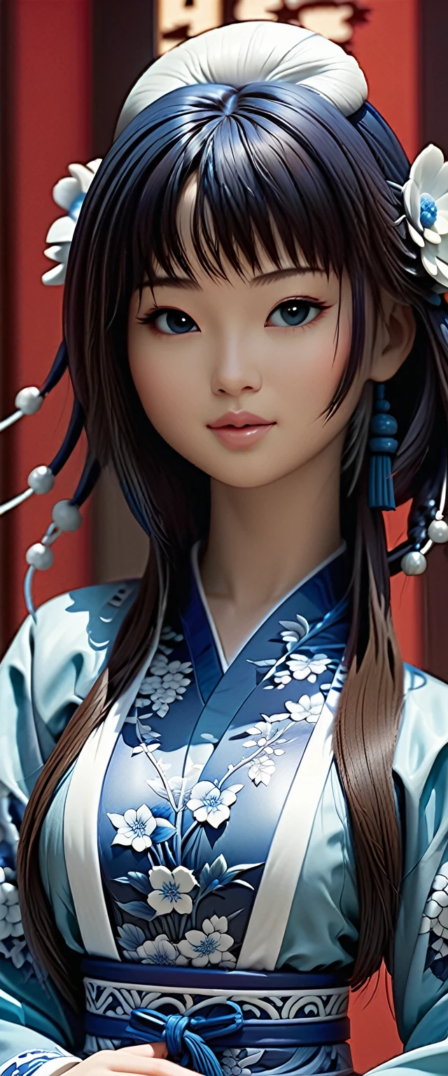 (best quality,4k,8k,highres,masterpiece:1.2)High quality fantasy art, simple background, ceramic Chinese girl doll,porcelain white skin， (blue and white porcelain) carved high-end porcelain, complex, gorgeous, 8k, Azulejo style, artist Ilya Kuvshinov
