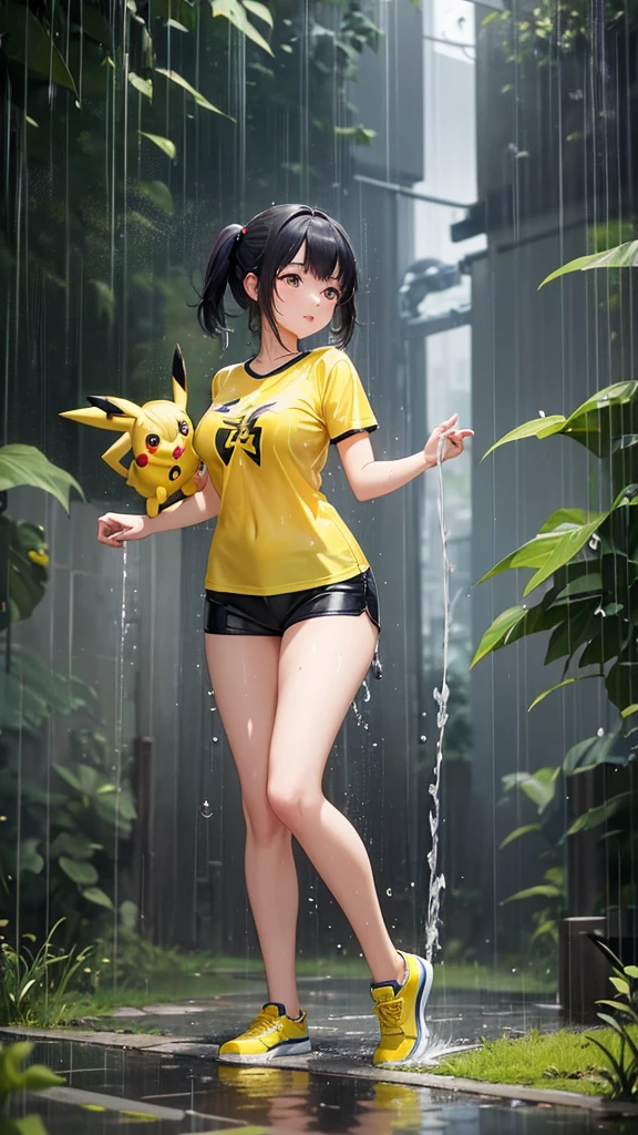 A beautiful Chinese girl wears a yellow t-shirt with a picture of a thin Pikachu without sleeves, big breasts get caught in the rain, heavy raindrop effect, his whole body was soaked, green garden background