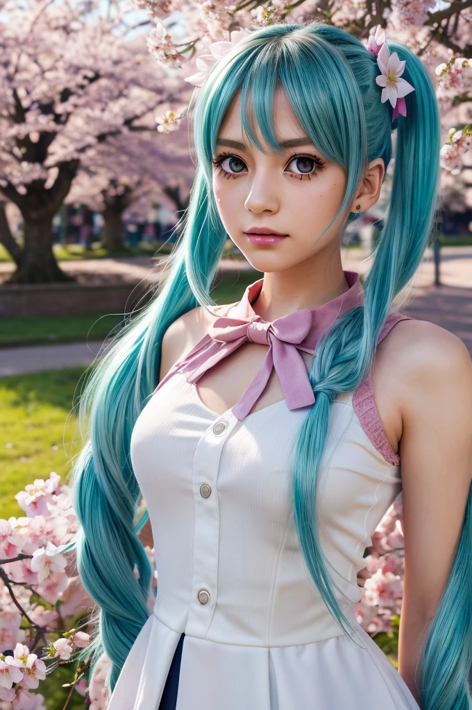 Hatsune Miku, , long blue twin tails, green eyes, detailed facial features, beautiful detailed eyes, beautiful detailed lips, extremely detailed face, longeyelashes,  figure, standing pose, school background, outdoors, cherry blossom trees, sunlight, vibrant colors, soft lighting, photorealistic, 8k, best quality, intricate details, anime style, digital art