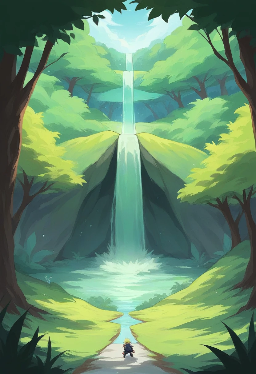 Naruto in Six Paths Sage Mode standing on top of Kurama in a lush, vibrant forest. The landscape features shades of blue and green, with dense trees and a majestic waterfall in the background. Naruto's glowing sage markings are visible, and Kurama looks powerful and imposing beneath him. The scene is full of energy and natural beauty.