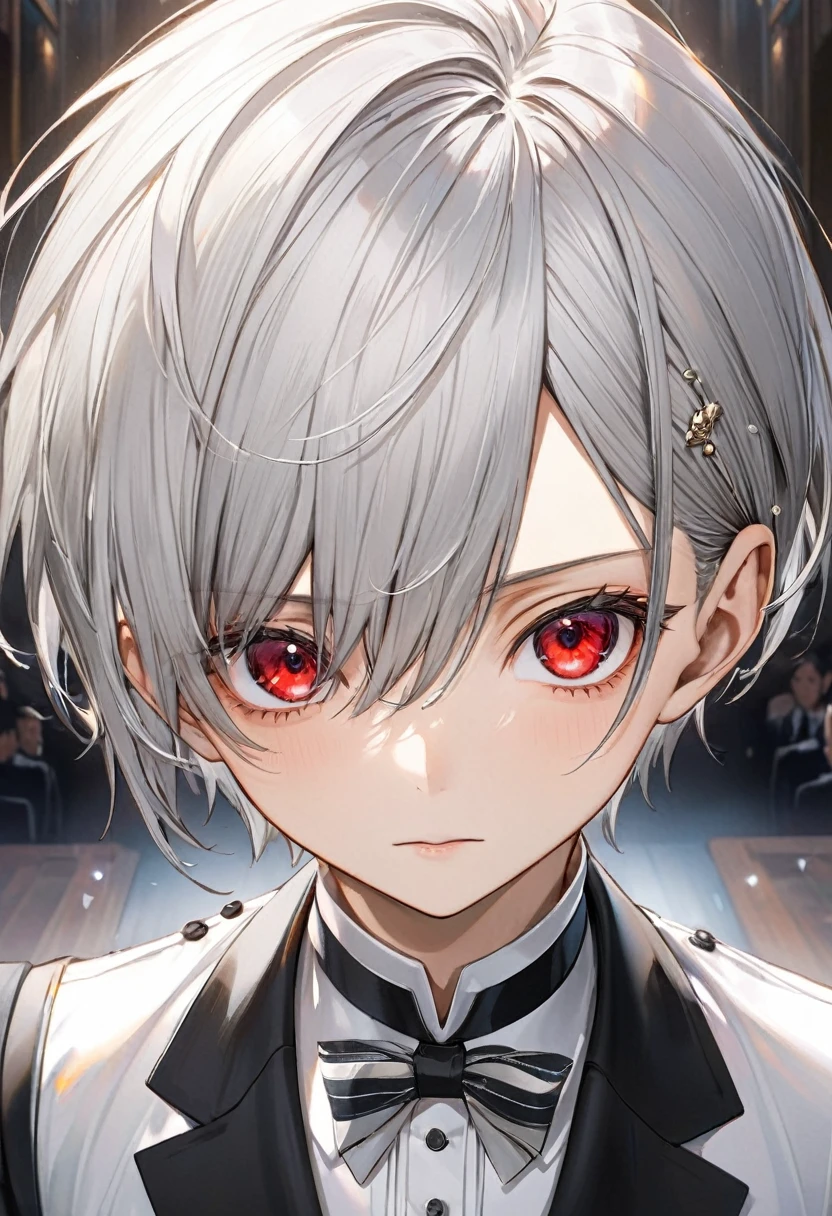 (cool Mainly usable style), (solo:2,  yo), (cool crew cut) (cool detailed silver hair, very short hair) (divine fighter boy, beautiful cool red eyes), (serious face), in a butler suit, break, in the Audience Chamber, BREAK, perfect anatomy, masterpiece, best quality, 16k, beautiful detailed lclose-up face, daydreaming expression.
