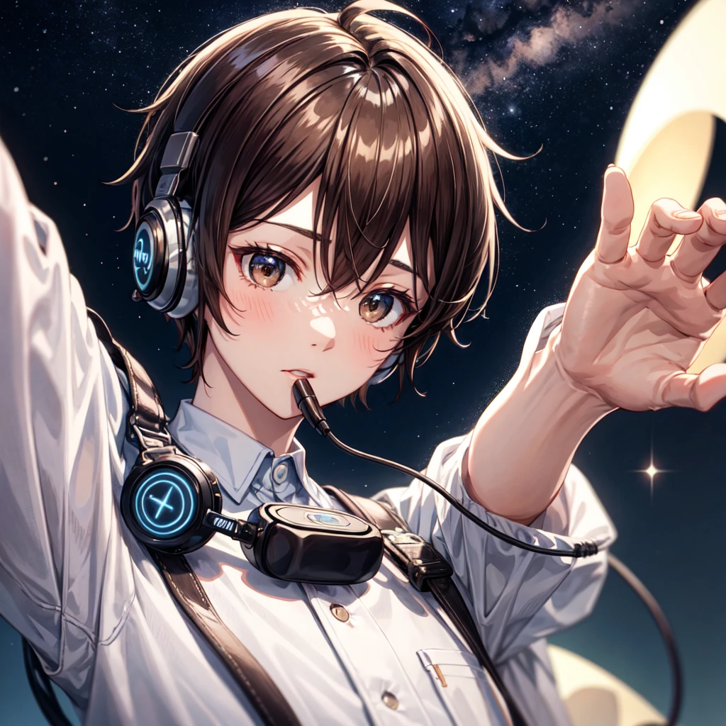 Boy with headphones,Reach out to the starry sky,Top View,Brown Hair,Short Hair,One boy,relax,The background is night,