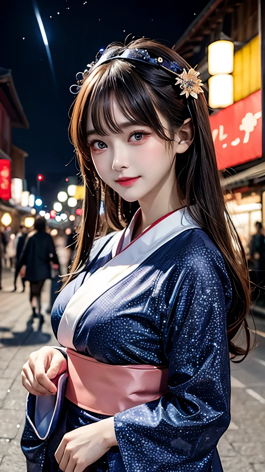 Tstar \(sky\), starry sky, night, floral print, kimono, japanese clothes, night sky, sky, yukata, nakano miku, print kimono, fireworks, sash, blush, obi, brown hair, blue eyes, festival, blue kimono, shooting star, outdoors, looking at viewer, solo focus, building, breasts, snowing, smile, bangs, long sleeves, closed mouth, city, summer festival, large breasts, 1girl, light particles, eyebrows visible through hair, new year, milky way
