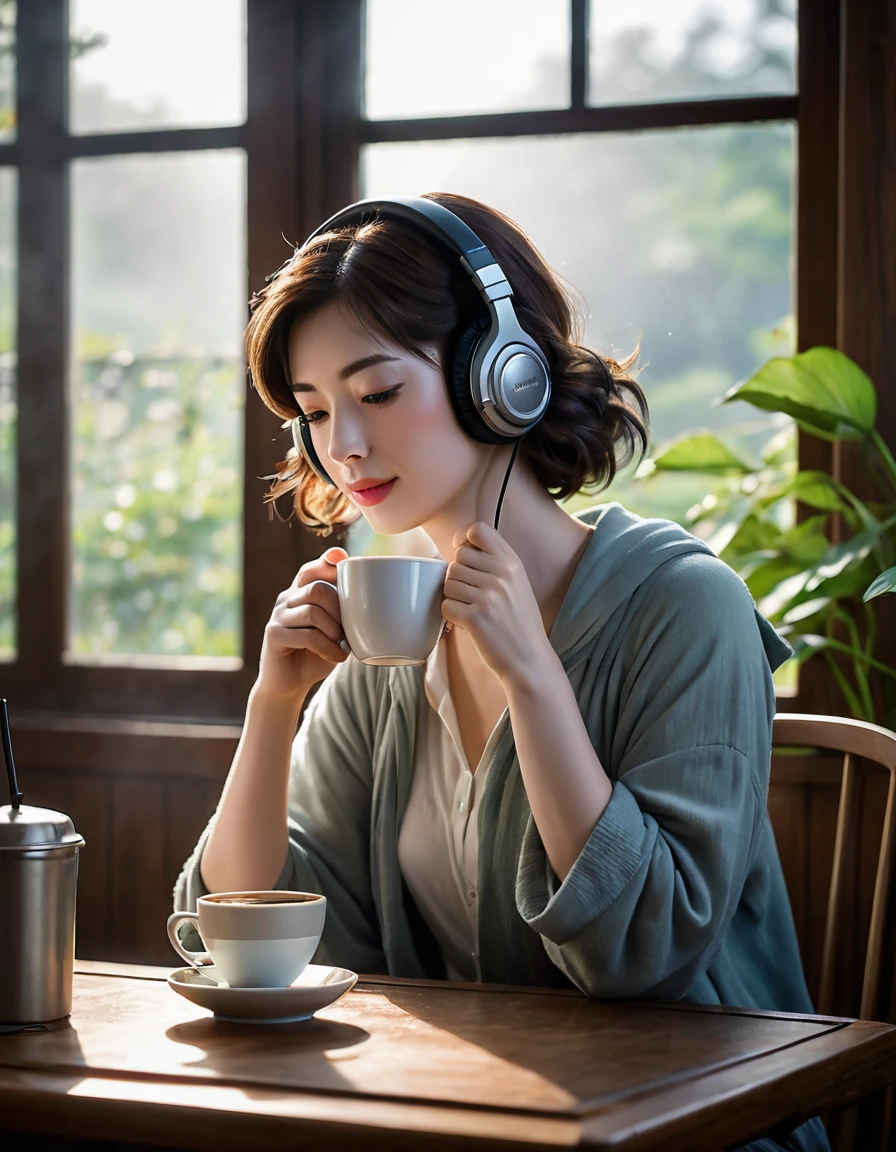 quite a bit body a beautiful cute Japanese woman, still from the film, (Anne Hathaway look alike face: 0.8), breathtaking Photograph of ohwx woman wearing headphones and drinking coffee, inspired by studio ghibli in the dark with watercolors. digital render 4k uhd wallpaper, award winning photograph, cinematic, dramatic lighting, detailed intricate, high resolution, hdr, 8k, masterpiece, fine shadows perfect composition, reflections ambient occlusion shadow depth, fog atmosphere, volumetric light, god rays, misty, award-winning, professional, highly detailed, Leica SL3, Summicron-SL 75mm, f/2 ASPH, Kodak Gold 200 film, bokeh, rim lighting, silhouette, shallowed depth of field, dynamic hands up,