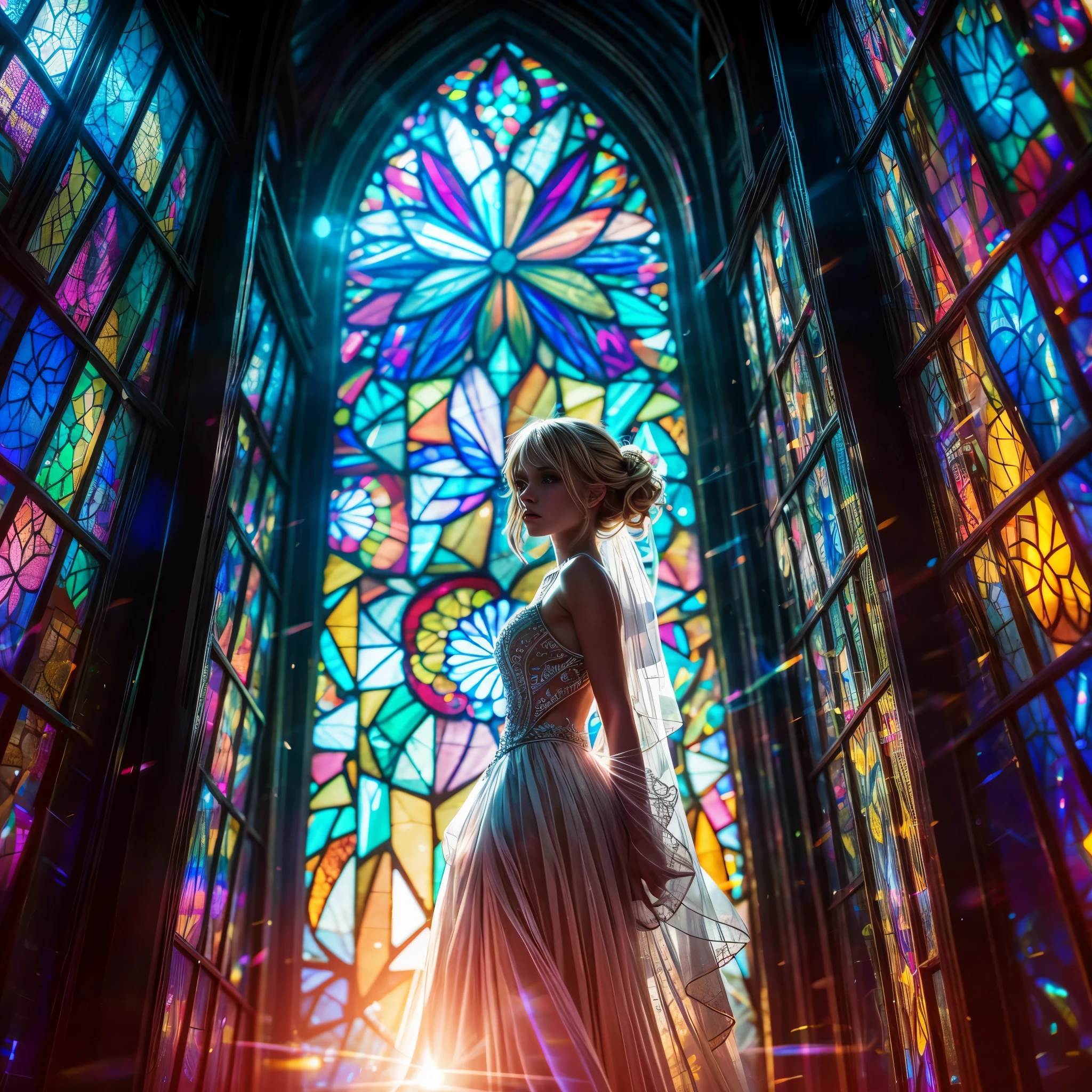  (Cathedral from below:1.28) (ZoomLayer) TopQuality 8K masterpiece of ((Professional photo)), (((Clarisse de Cagliostro))) (Detailed White WeddingDresses), Chain, (((Extremely detailed KAWAII face))) {((VeiledFace))|BlondeHair|(Elaborate BuleEyes)with(SparklingHighlights:1.28)}, The background is distant (((Elaborate stained glass))) Rainbow Glass, {(MysticSight)|EnchantingAtmosphere|Haze|(GodRays)|TyndallEffect}, Radiant PearlSkin with Transparency, (Exposed:0.39)