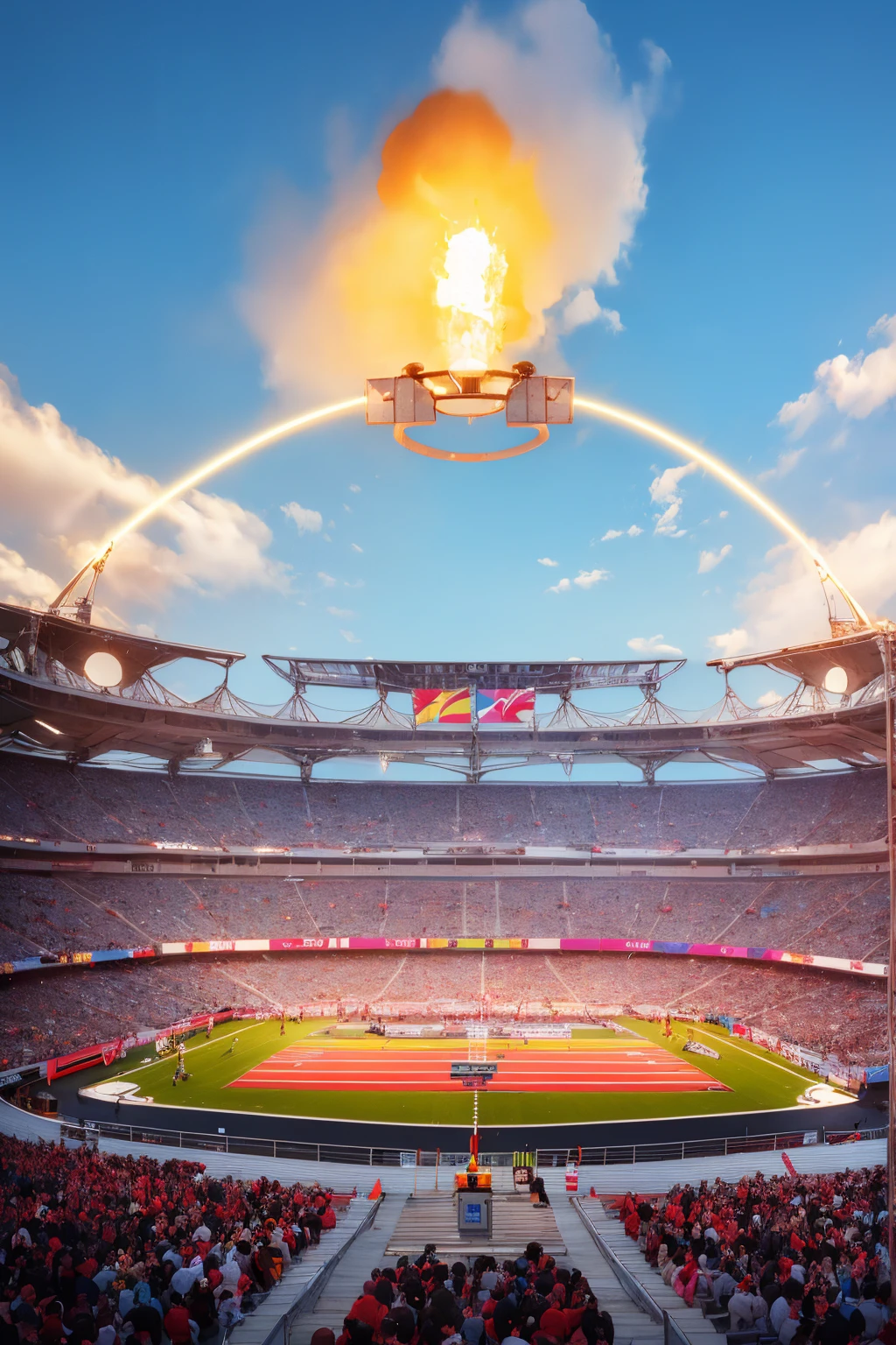 Highly detailed 3D rendering of the Olympic Games, Olympic torch:1.3, Olympic rings:1.3, athletes competing in various sports, cheering crowds, cinematic lighting, complex architecture, vibrant colors, dynamic and photorealistic compositing, dramatic angles