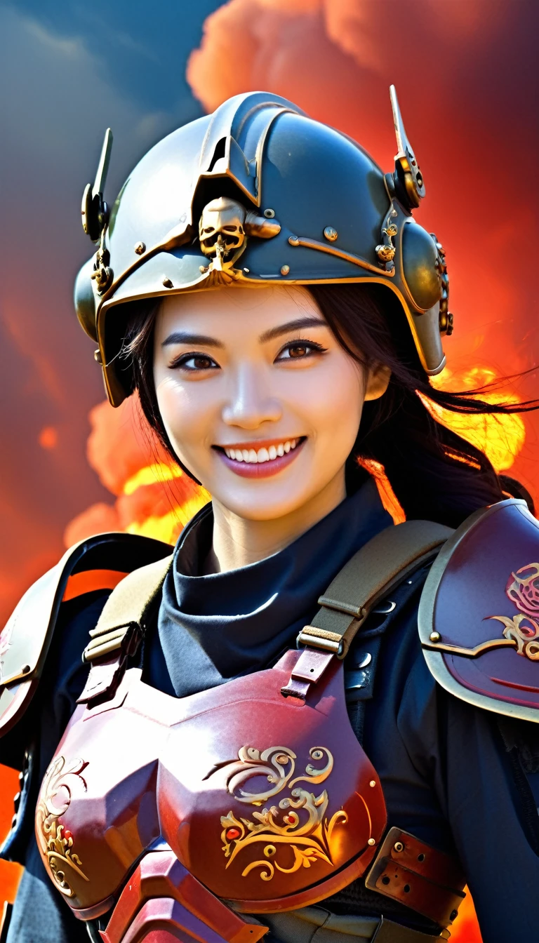 Close-up of a ((extremely beautiful old girl warior)) , half human, half machine, their faces a bit partially obscured by military helmets. Their eyes are filled with hapiness and longing. The background is a trail of blood and violence. SHe wears a mechanized robot armor, carved with animal elements, human skulls. The sky is filled with swirling, fiery clouds. The photo conveys a strong sense of the warrior's appearance, ((smiling))