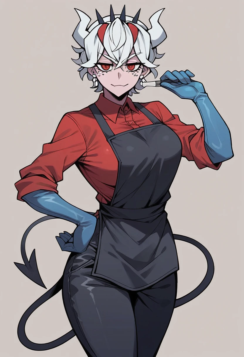 1girl, beelzebub \(helltaker\), ((blue elbow gloves)), ((surgical gloves)), ((latex gloves)), (red shirt), ((long sleeves)), (black apron), (pants), looking at viewer, standing, solo
