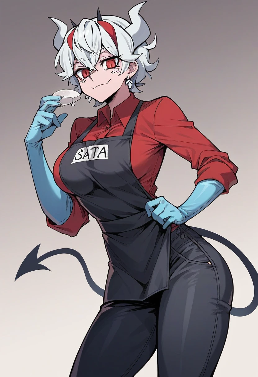 1girl, beelzebub \(helltaker\), ((blue medical gloves)), ((surgical gloves)), ((latex gloves)), ((long sleeves)), looking at viewer, ((surgeon uniform)), standing, solo