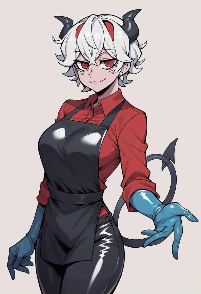 1girl, beelzebub \(helltaker\), ((blue elbow gloves)), ((surgical gloves)), ((latex gloves)), (red shirt), ((long sleeves)), (black apron), (pants), looking at viewer, standing, solo