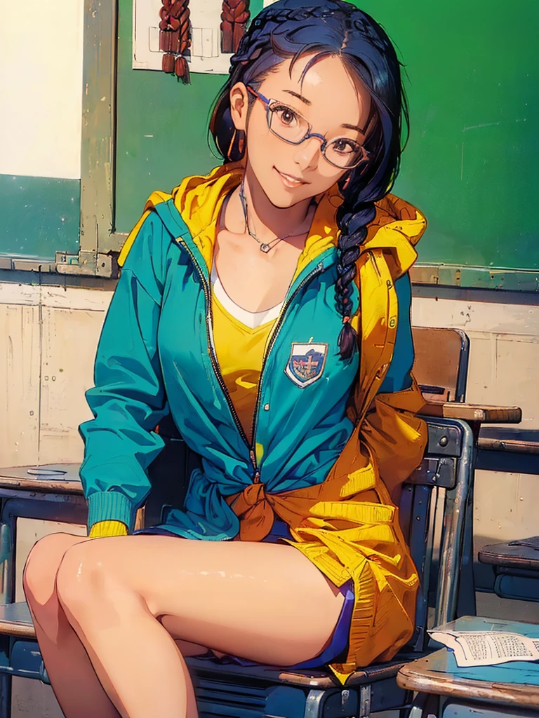 (((masterpiece))) ((( background : school theme : students : in classroom ))) ((( character : Lee Ji Eun : fit body : braided hair : nerd : wearing glasses :  : sitting : shy smile )))