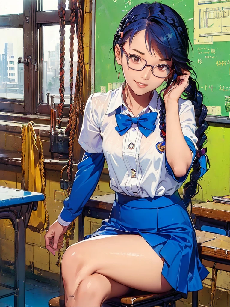 (((masterpiece))) ((( background : school theme : students : in classroom ))) ((( character : Lee Ji Eun : fit body : braided hair : nerd : wearing glasses :  : sitting : shy smile )))