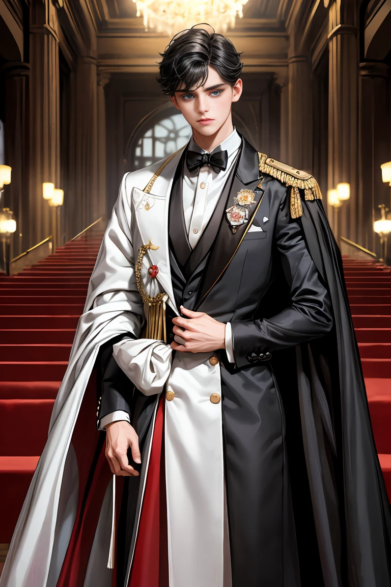 
masterpiece, 最high quality, high quality, 1 boy, alone, Male focus, Watching the audience,  Messy black hair, Adorable big blue eyes, White, Noble, Noble,A sexy, voluminous, puffy cape、tuxedo、A very voluminous, large, very large, very large, long, long red and black cape with a high stand-up collar, made of a lot of fabric that reaches down to the floor., ************,Cute beautiful boys,Cute, cute, kind, handsome guy