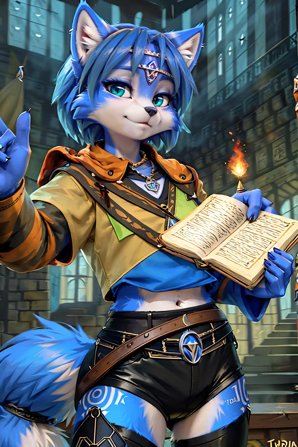 A beautiful and detailed (sweet picture) wa ((krystal)), Star Fox krystal,  green eyes, medium breasts, (((Long blue hair 1.3))),  anthro, furry, (wa Fluff-Kevlar, Bayard Wu, personalize me, Pino Daeni),  detailed fluffy fur, detailed face, (fluffy), 1 girl, alone, hair cover one eye:1.4, wears tribal clothing with leather armor, wears tribal top with leather armor, (((steht in der großen halle wa hogwarts:1.4))), she wears a fanciful magician&#39;s robe, (is in a magic duel against a dark magician)