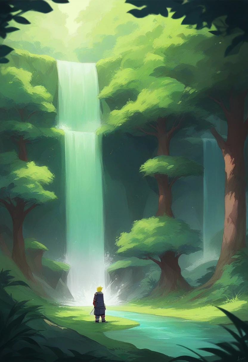 Naruto in Six Paths bijuu Mode standing on top of Kurama in a lush, vibrant forest. The landscape features shades of blue and green, with dense trees and a majestic waterfall in the background. Naruto's glowing sage markings are visible, and Kurama looks powerful and imposing beneath him. The scene is full of energy and natural beauty