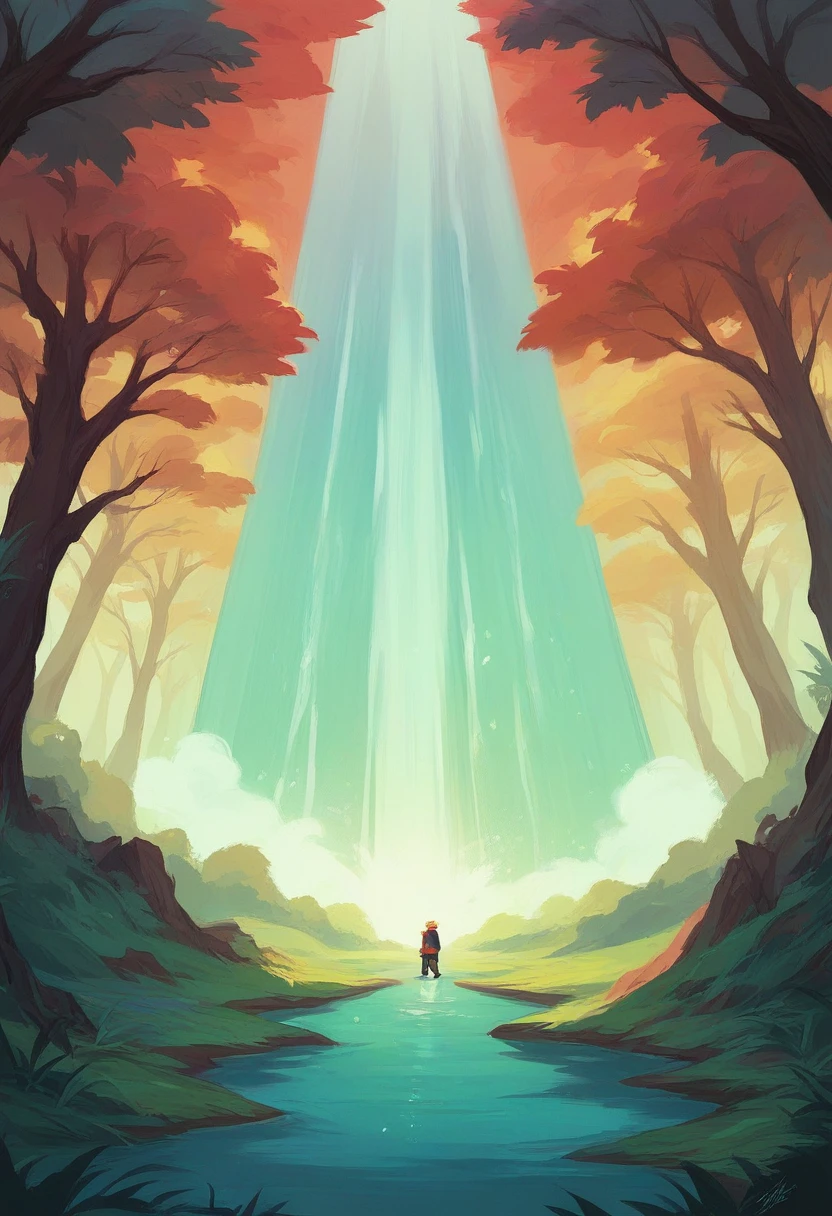 Naruto in Six Paths bijuu Mode standing on top of Kurama in a lush, vibrant forest. The landscape features shades of blue and green, with dense trees and a majestic waterfall in the background. Naruto's glowing sage markings are visible, and Kurama looks powerful and imposing beneath him. The scene is full of energy and natural beauty