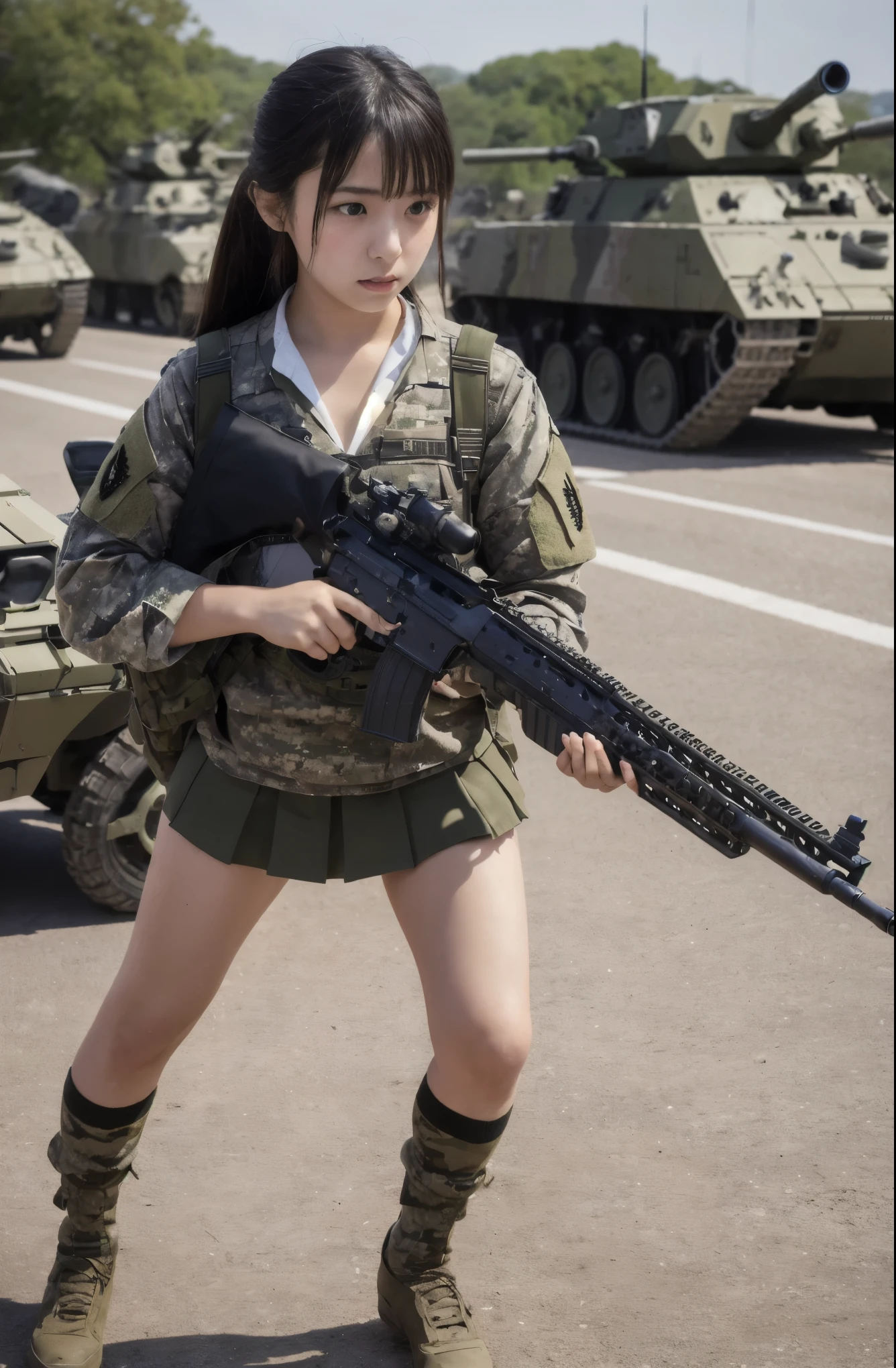 A female army infantry, winter camouflage patterned combat uniform, excitement, ((open mouth, intense orgasm and smiling)), (spread legs, straddling camouflage patterned dildo, (insert dildo into her pubic), her hand is at nipple, masturbation), pubic hair, in combat, battlefield, (army helmet, carrying back-pack with wireless antenna, camouflage patterned thigh-high, short hair, rifle), the ruin the city is on fire, angle from below,