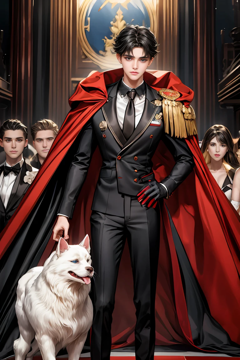 
masterpiece, 最high quality, high quality, 1 boy, alone, Male focus, Watching the audience,  Messy black hair, Adorable big blue eyes, White, Noble, Noble,A sexy, voluminous, puffy cape、tuxedo、A very voluminous, large, very large, very large, long, long red and black cape with a high stand-up collar, made of a lot of fabric that reaches down to the floor., ,Cute beautiful boys,Cute, cute, kind, handsome guy