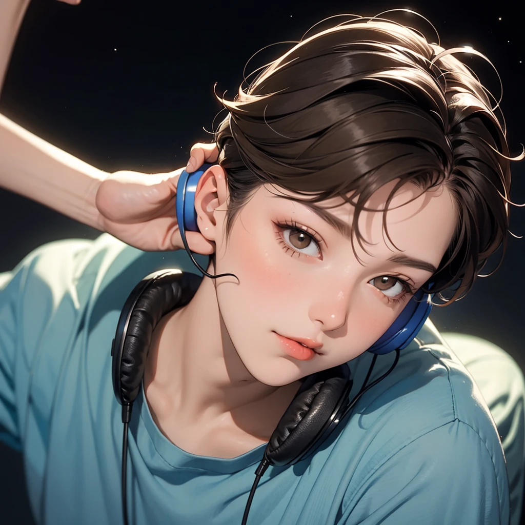 Boy with headphones,Reach out to the starry sky,Top View,Brown Hair,Short Hair,One boy,relax,The background is night,90s,Retro