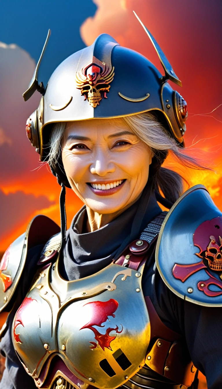 Close-up of a ((extremely beautiful old female warior)) , half human, half machine, their faces a bit partially obscured by military helmets. Their eyes are filled with sadness and longing. The background is a trail of blood and violence. SHe wears a mechanized robot armor, carved with animal elements, human skulls. The sky is filled with swirling, fiery clouds. The photo conveys a strong sense of the warrior's appearance