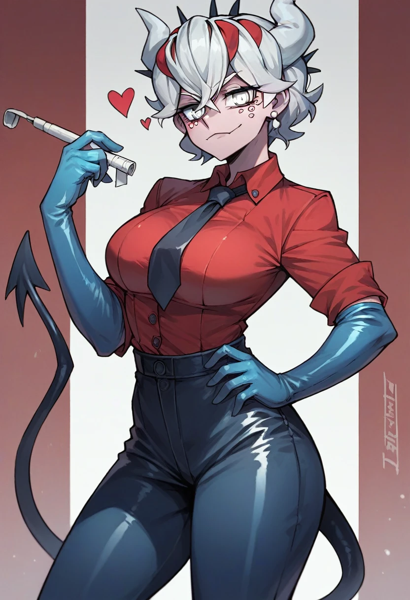 1girl, beelzebub \(helltaker\), ((blue elbow gloves)), ((surgical gloves)), ((latex gloves)), (red shirt), ((long sleeves)), (tie), (pants), looking at viewer, standing, solo