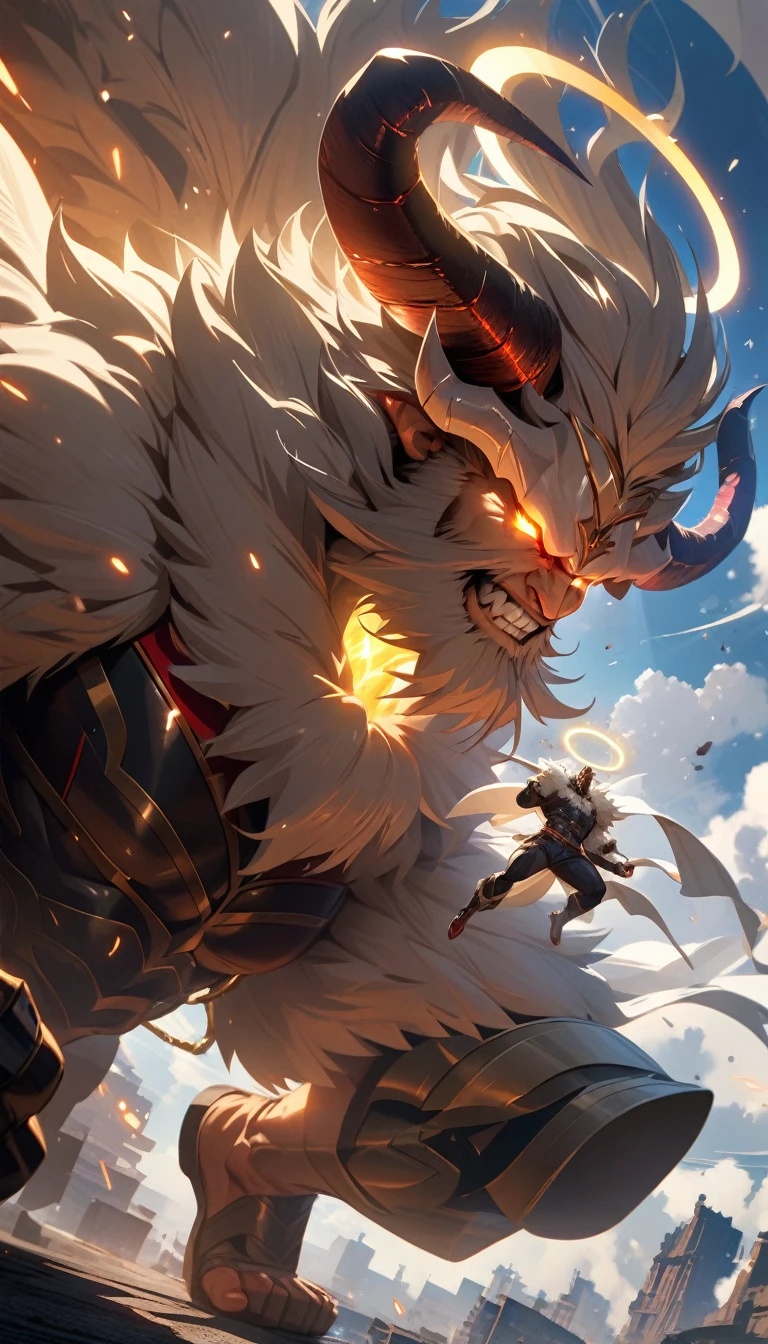 ((best quality)) , ((masterpiece)) , (detailed),horns, giant, glowing, glowing eyes, beard, male focus, 1boy, helmet, holding, facial hair, fur trim, teeth, muscular,((full body)),(sunlight),(angel),dynamic angle, floating, wing, halo, floating white silk,(Holy Light),silver stars