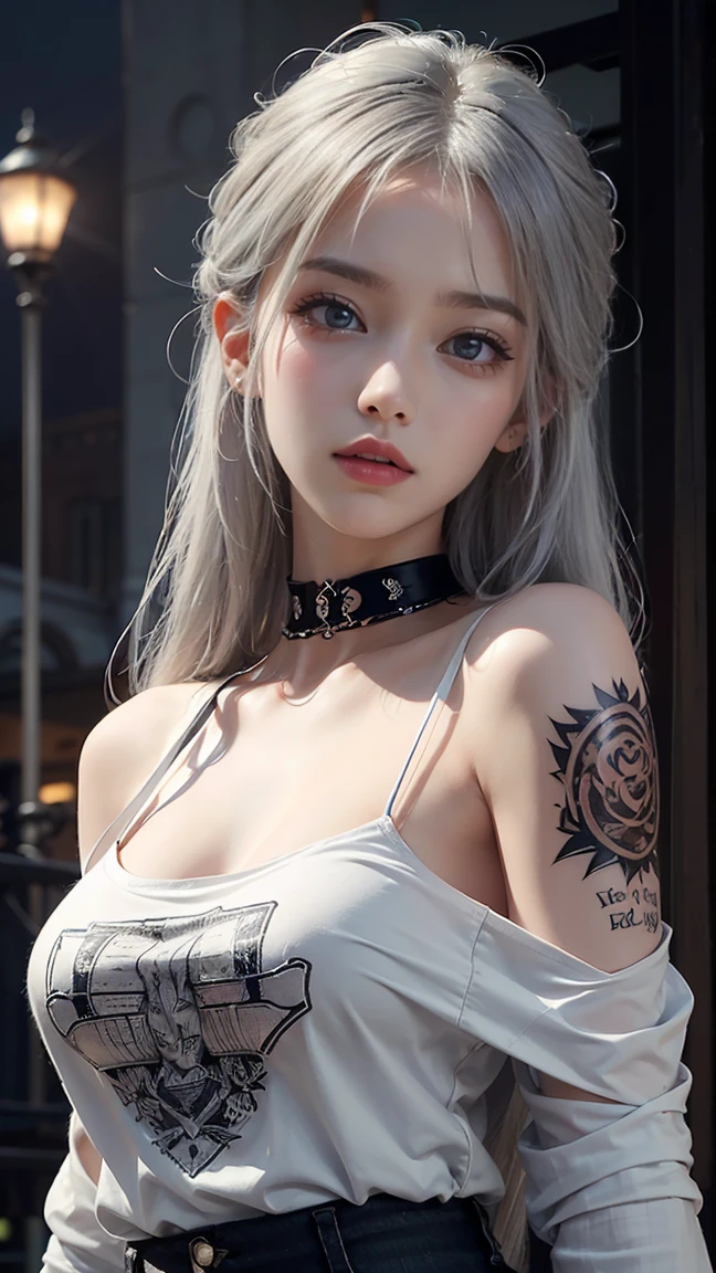 1 girl,gray hair, beautiful long hair,Beautiful, clear eyes,Long eyelashes. (Eyes with exceptional detail), ripped jeans, Medium sized chest, off shoulder, good strap, punk t-shirt, choker , tattoo, rock concert,tattoo,inside, Masterpiece, best quality, very beautiful, nonsense, newest,london clock tower background,stres london
