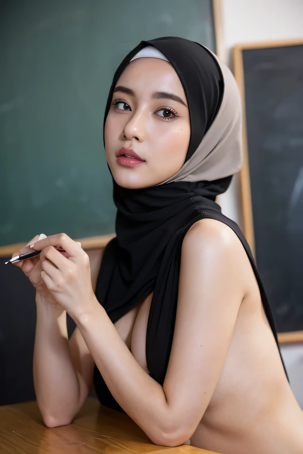 Beautiful hijabi teacher, writing on blackboard, fully naked