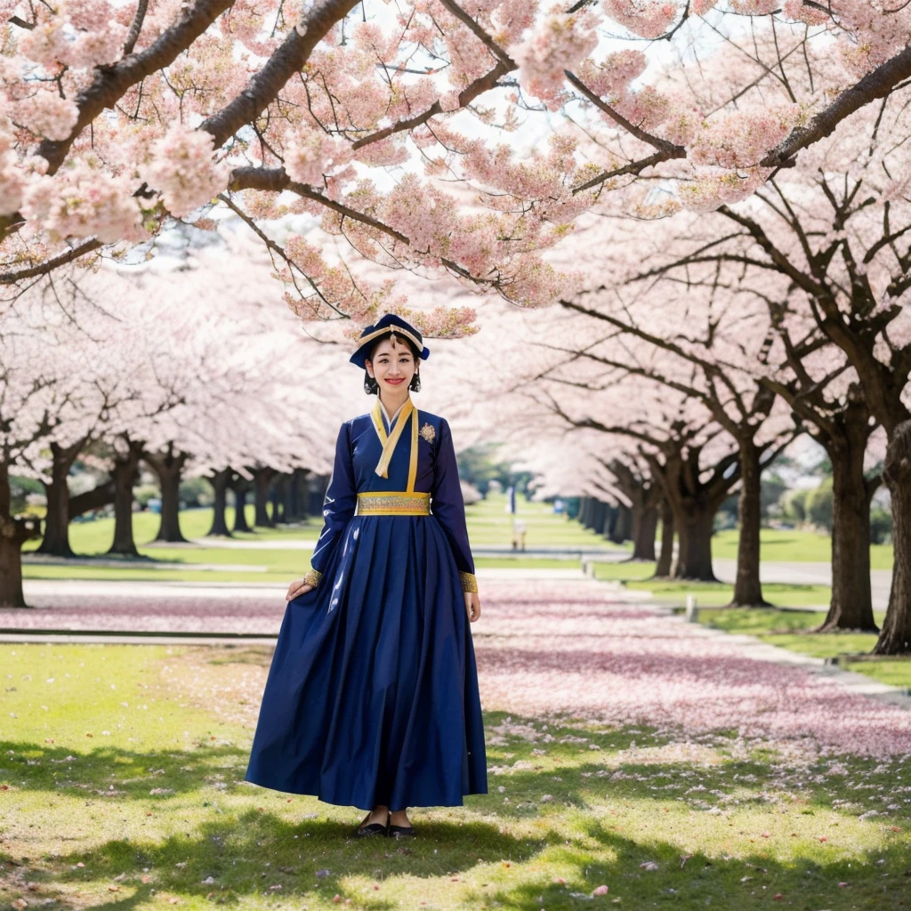  traditionallady who wear myMyanmaranmar  costume
 is looking to the fugi mountain under the sakura trees