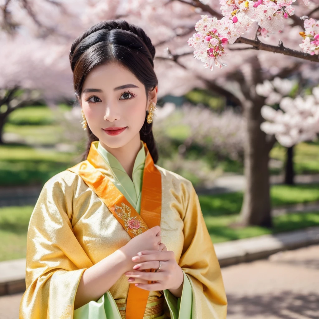  traditionallady who wear myMyanmaranmar  costume
 is looking to the fugi mountain under the sakura trees