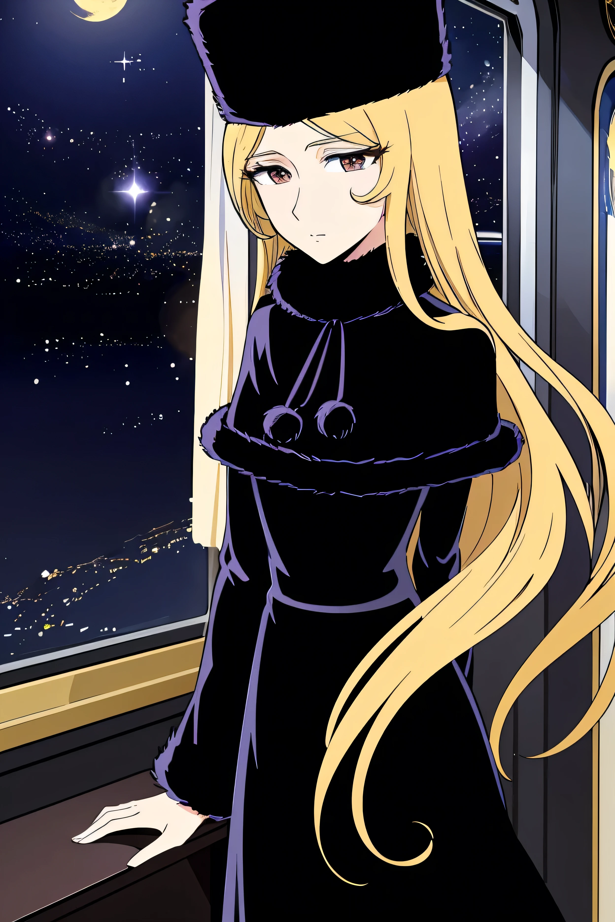 Very detailedな CG Unity 8K 壁紙,Huge file sizes,Very detailed,High resolution,absurdes,Beautiful Eyes,Ray Tracing,Dramatic Shadows,detailed,elevation,Hyper Detail, Anime Style, maetel, 1 girl, alone, View your viewers, A faint smile, [Raise your eyebrows and laugh:0.5], whole body, BREAK blonde hair, length Hair, length, Narrow eyes, Brown eyes, Very length upper eyelashes, very length Hair, (Fluttering Hair:1.4), Glossy Lips, Mouth closed, Expressionless, Slim and tall female body, length, Supportive limbs, Very small breasts, BREAK (Fur trim:1.1), Jet black Russian hat, Fur trim, Black Hat, Fur hat, dress, Jet Black Capelet, Jet black long boots, super high quality, High resolution, masterpiece, Cinema Lighting, clair obscur, Moonlight Illumination, Deep Shadow, Backlight, Deep Focus, Sharp focus, BREAK night, star \(zero\), starry zero, zero room, steam train flying in the zero、Galaxy Express 999、View from the train window