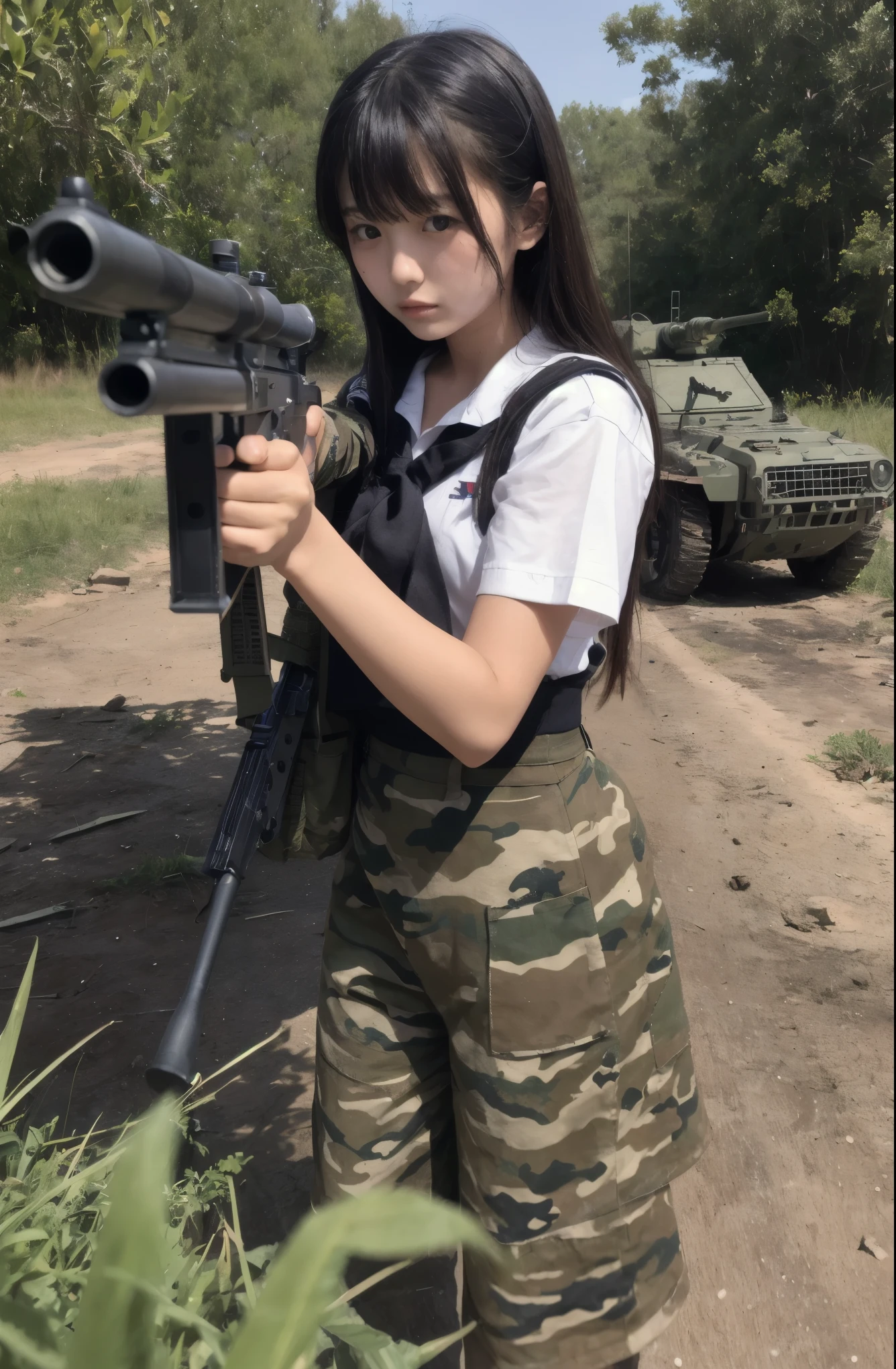 Beautiful Japanese 16 year old girl in Japanese high school sailor suit fighting on the battlefield、Light Muscle、World War、Modern Warfare Theme、Army Girl、rifle、(Rifle retention: 1.3)、(Rifle aiming and holding: 1.3)、Soldier Girl, Infantry Girl, Gunfight, air raid, Airstrike, army, Camouflage, burning vehicle, bio zone, battlefield, bio, What&#39;s left behind, explosion, Burning City, cigarette, (Helmet), Ripped tank top, belly button, gloves, Torn army trousers、Face stained with mud and blood、Sweaty skin、bloody skin、Muddy skin、small、Cleavage、Sad look of despair、Painful expression、Highest quality、Ultra-high resolution、Confused、Genuine、Physically Based Rendering、Cinema Lighting、Complex, Cinematic look、Cinematic soft light、Calm tones、Battlefield Background、Background of the urban bio、Realistic、Cowboy Shot、Dynamic Angle