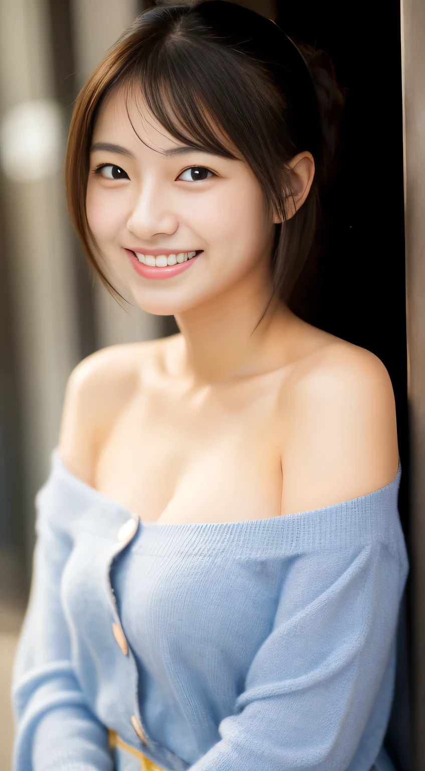 masterpiece,best quality,(Japanese girl),((Beautiful girl)),cleavage,(off shoulder:1.2),(perfect body beauty:1.2),(shy smile),beautiful teeth,From slightly above