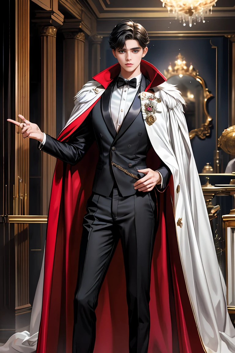 masterpiece, 最high quality, high quality, 1 boy, alone, Male focus, Watching the audience, Messy black hair, Adorable big blue eyes, White, Noble, Noble,A sexy, voluminous, puffy cape、tuxedo、A very voluminous, large, very large, very large, long, long red and black cape with a high stand-up collar, made of a lot of fabric that reaches down to the floor., 17 years old,Cute beautiful boys,Cute, cute, kind, handsome guy