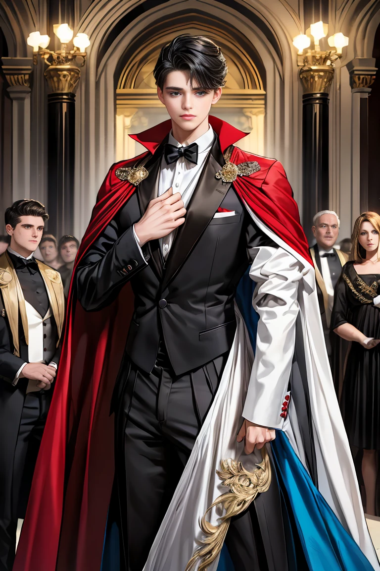 masterpiece, 最high quality, high quality, 1 boy, alone, Male focus, Watching the audience, Messy black hair, Adorable big blue eyes, White, Noble, Noble,A sexy, voluminous, puffy cape、tuxedo、A very voluminous, large, very large, very large, long, long red and black cape with a high stand-up collar, made of a lot of fabric that reaches down to the floor., 17 years old,Cute beautiful boys,Cute, cute, kind, handsome guy