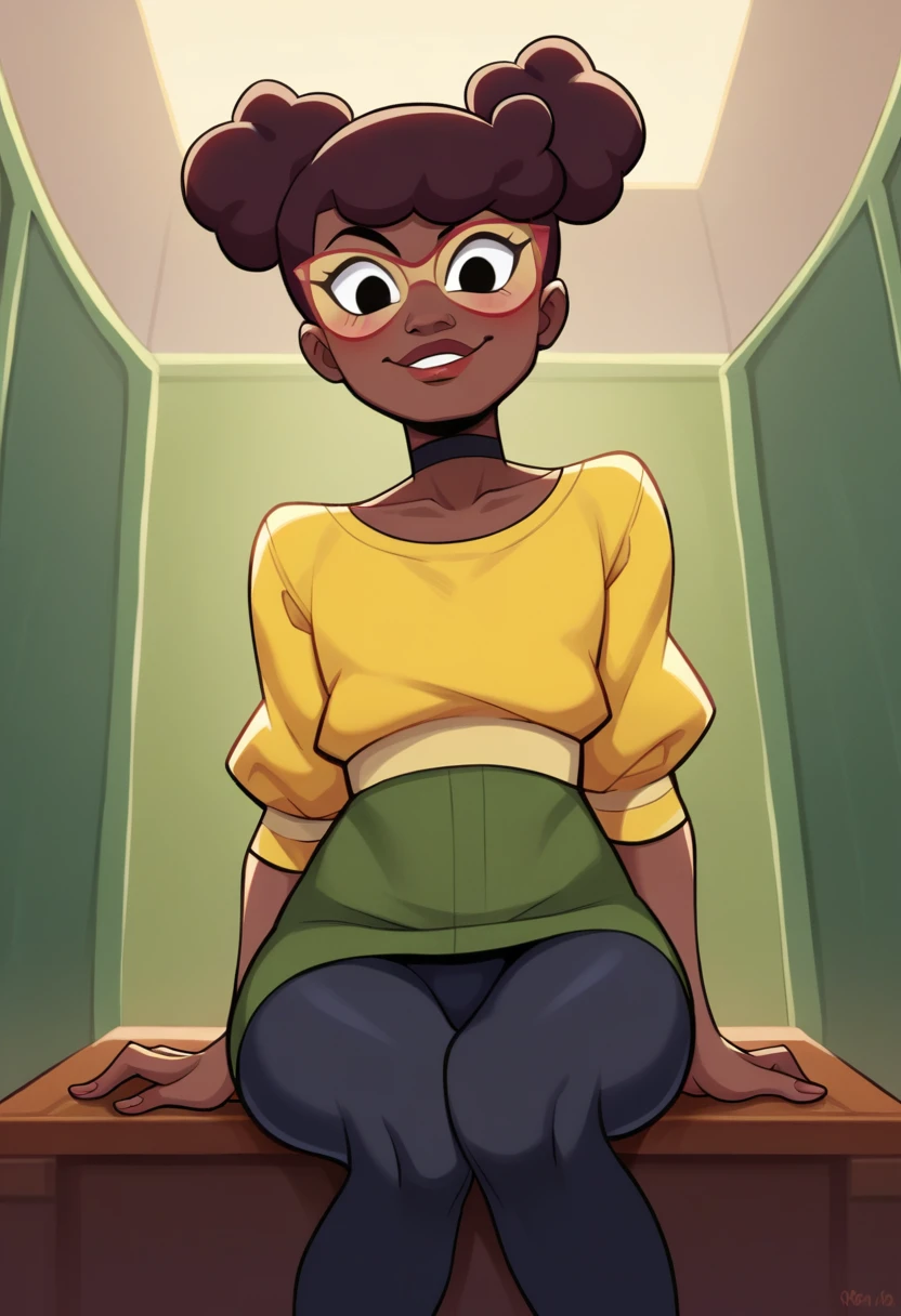 score_9,score_8_up,score_7_up BREAK April2018,1girl,black hair,black eyes,choker,dark skin,hair bun,dark-skinned female,double bun,yellow shirt,leggings,very dark skin,afro,cowboy shot,room,room background, sexy smile, blush, sitting on floor, from below, flat chest,