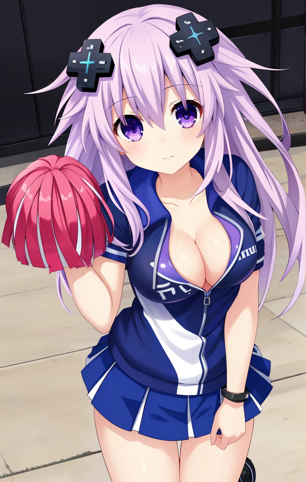 Masterpiece, Best quality, 4k resolution, beautiful eyes, Neptune Non CPU, 1girl, solo, purple eyes, solo, purple hair, hair ornament, breasts, cleavage, d-pad hair ornament, long hair, medium breasts, standing, cheerleader, school