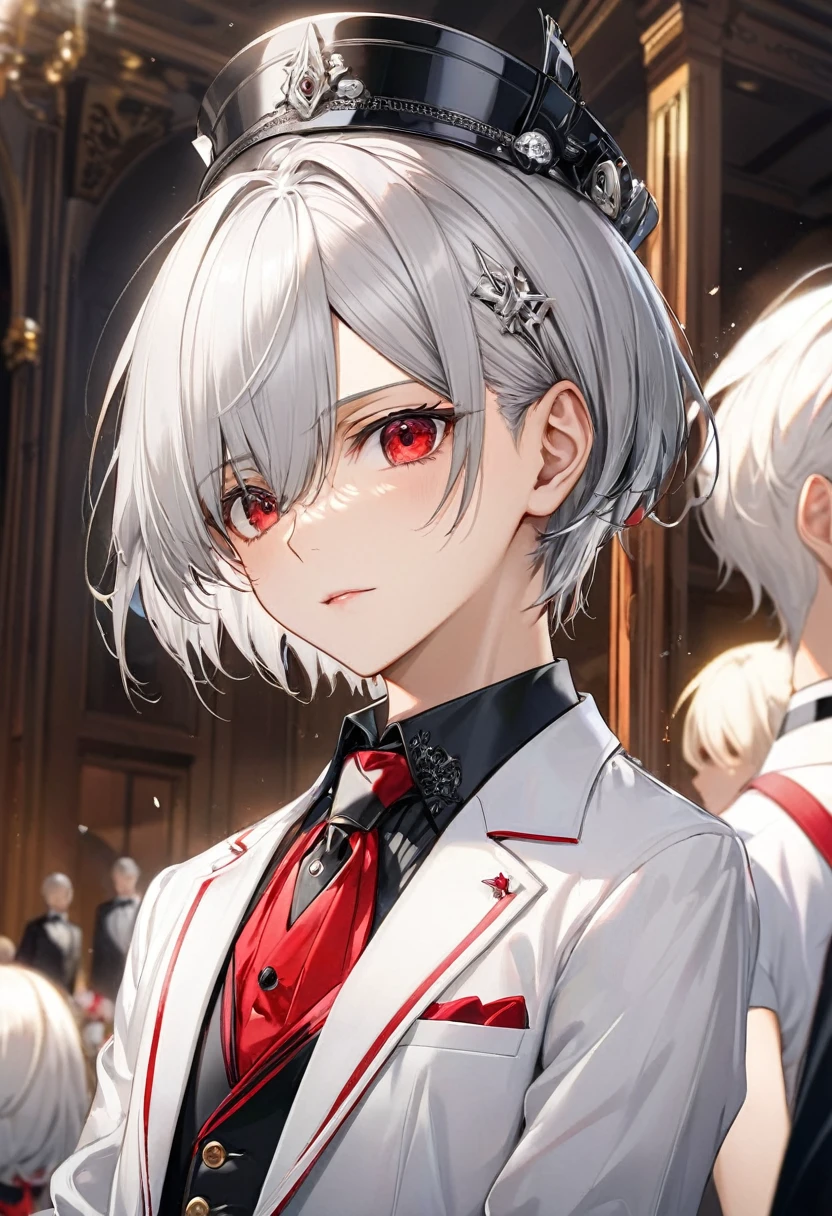 (cool Mainly usable style), (full body, solo:2, 16 yo), (cool crew cut) (cool detailed silver hair, very short hair) (divine fighter boy, beautiful cool red eyes), (serious face), in a butler suit, break, in the Audience Chamber, BREAK, perfect anatomy, masterpiece, best quality, 16k, beautiful detailed lclose-up face, daydreaming expression.