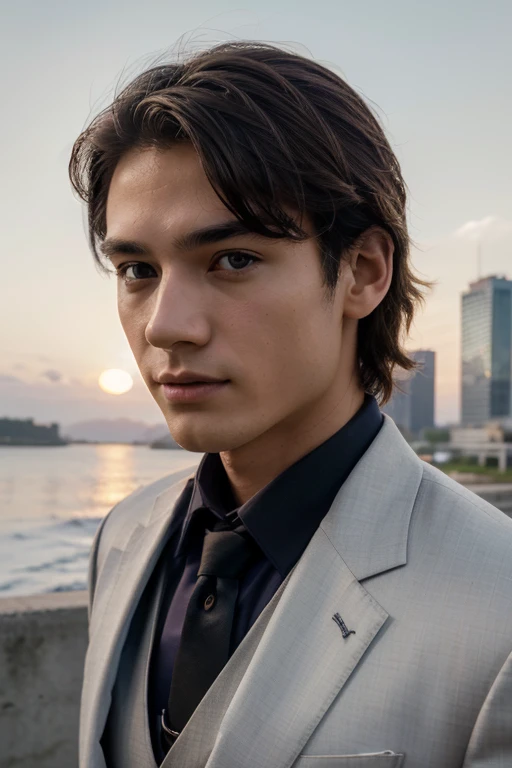 Highest quality, masterpiece, Ultra-high resolution, (Realistic: 1.4), Original photo, wallpaper, Head Photo, skin, Simple Background, Iris, detailed, Selfie, 1 boy, 18-year-old, good looking, Wind,Sunset、suit