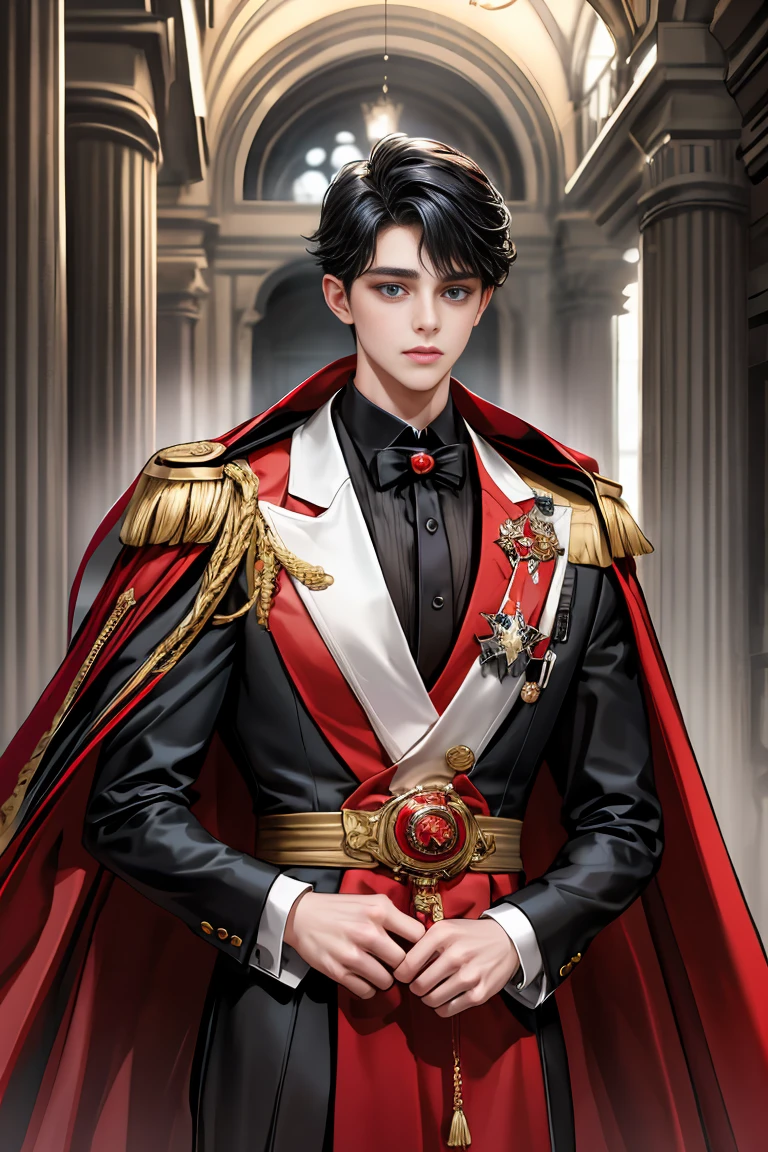masterpiece, 最high quality, high quality, 1 boy, alone, Male focus, Watching the audience, Messy black hair, Adorable big blue eyes, White, Noble, Noble,A black and red cape that is bursting with sexy volume、Tuxedo、A very voluminous, large, very large, very large, long, long red and black cape with a high stand-up collar, made of a lot of fabric that reaches down to the floor., ,Cute beautiful boys,Cute, cute, kind, handsome guy