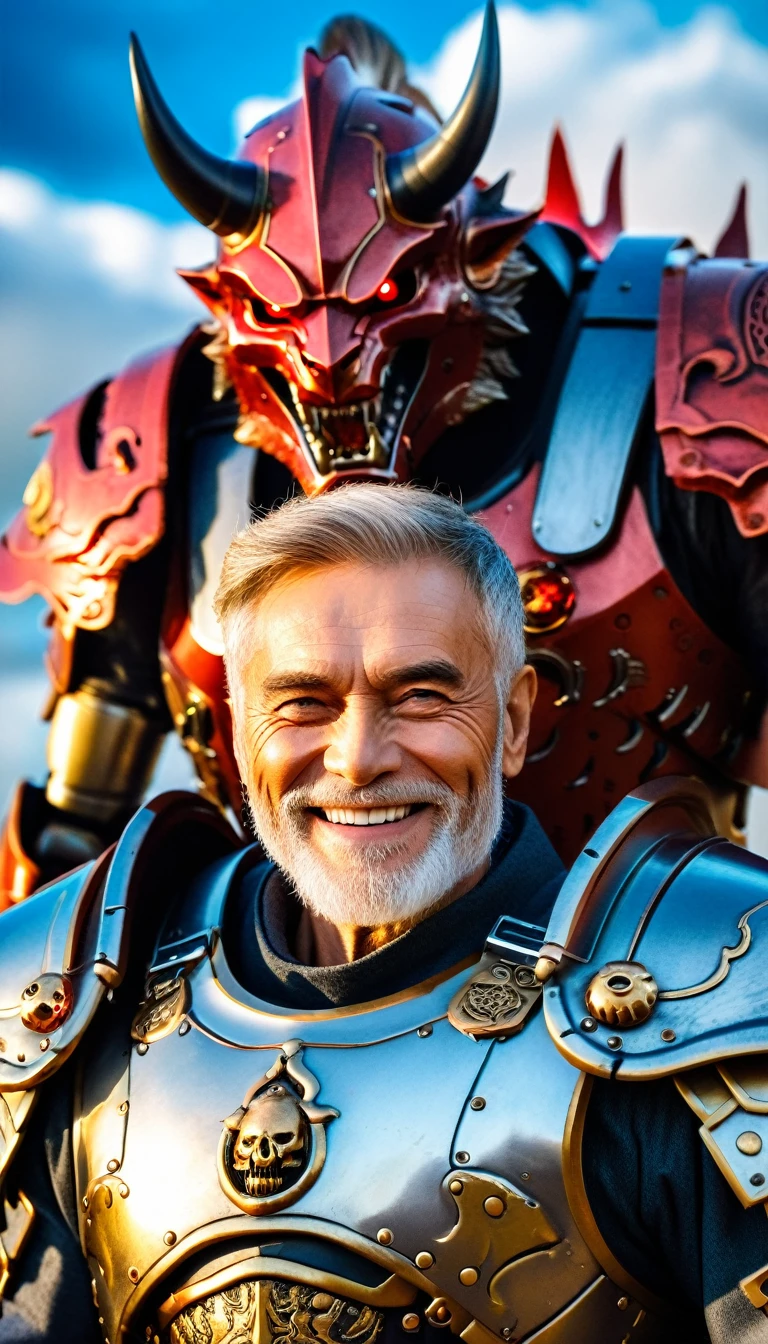 Close-up of a ((extremely handsome old male warior)) , half human, half beast. Their eyes are filled with hapiness and longing. The background is a trail of blood and violence. He wears a mechanized robot armor, carved with animal elements, human skulls. The sky is filled with swirling, fiery clouds. The photo conveys a strong sense of the warrior's appearance, ((smiling))