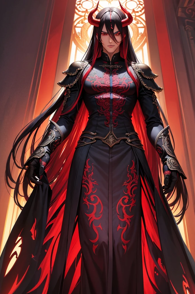 (Demon Lord style), (Tall and strong body), (frontal, solo:2, 656 yo, cool detailed straight hair long hair demon load Gentleman, best cool detailed red eyes, body with beauty detailed red aura:1.4), in a demon load gentleman suit, break, in the Audience Chamber, BREAK, perfect anatomy, masterpiece, best quality, 16k, beautiful detailed grow, daydreaming expression.