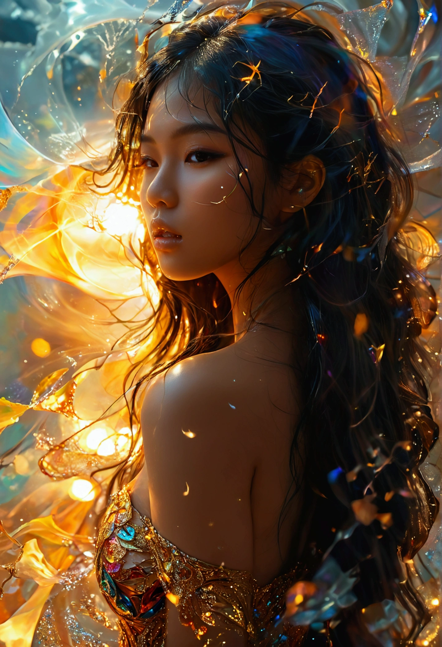 dreamwave, nude gorgeous Southeast Asian woman, long hair, round_butt, aesthetic, vortex, 2d_harajyuku, beautiful woman, elegant, fractal art, (zentangle:0.5), colorful, crystal, gold., (sexy:1.3), wind, storm, backlighting,