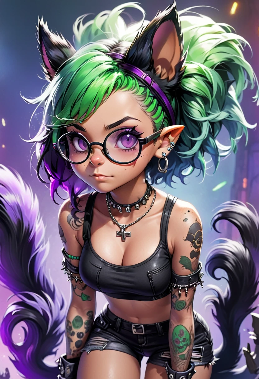 Black skin, black freckled skin, woman, squirrel ears, squirrel tail, green hair, purple tips, short wavy hair, glasses, rocker outfit, spiked accessories, left eye purple, right eye green, freckles, skeleton tattoos, large chest, thick thighs, cute sleepy expression, cozy background, gaming, no human ears, screen face press, one character