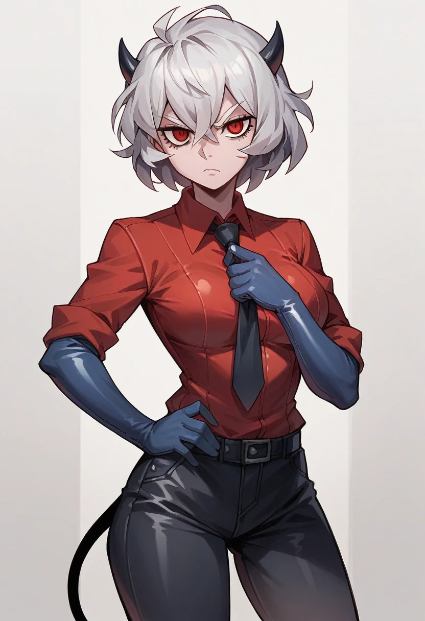 1girl, malina \(helltaker\), ((blue elbow gloves)), ((surgical gloves)), ((latex gloves)), (red shirt), ((long sleeves)), (tie), (pants), looking at viewer, standing, solo