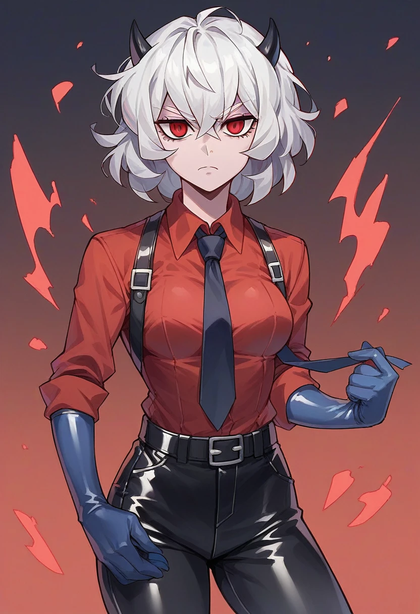 1girl, malina \(helltaker\), ((blue elbow gloves)), ((surgical gloves)), ((latex gloves)), (red shirt), ((long sleeves)), (tie), (pants), looking at viewer, standing, solo
