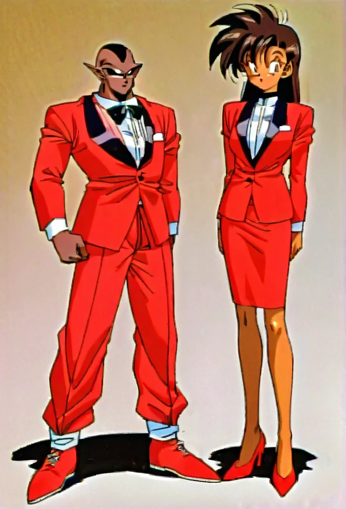 90s anime style dark Brown skinned female from dragon ball z in a red skirt suit full body skinny formal red suit and formal red skirt and formal red heels and dark brown skin and and red skirt