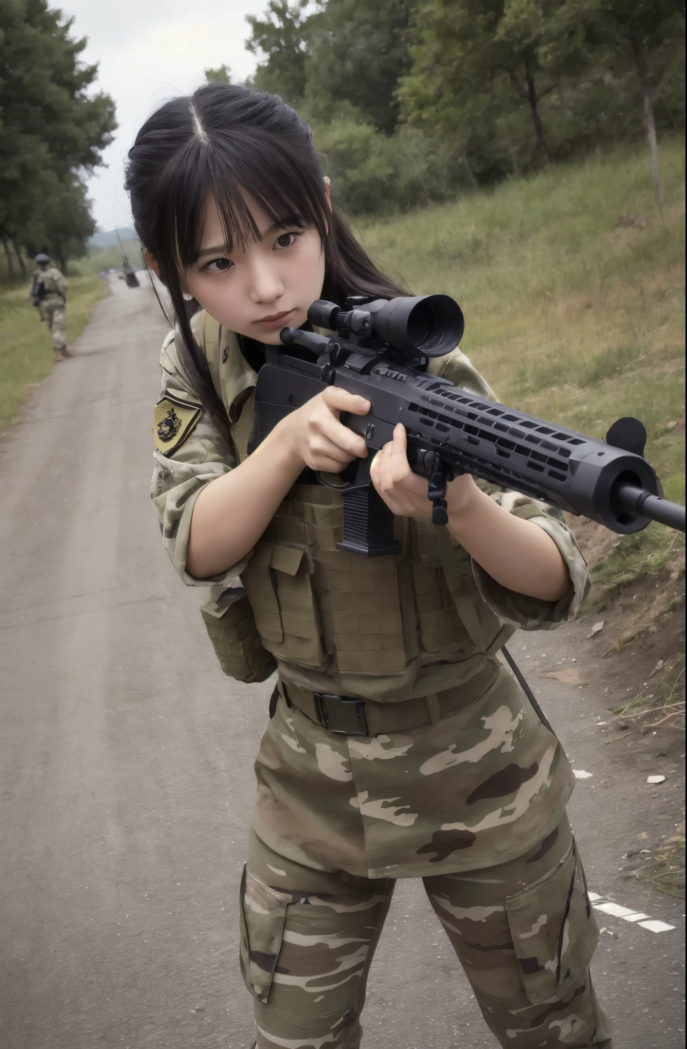 Beautiful Japanese 16 year old girl in Japanese high school sailor suit fighting on the battlefield、Light Muscle、World War、Modern Warfare Theme、Army Girl、rifle、(Rifle retention: 1.3)、(Rifle aiming and holding: 1.3)、Soldier Girl, Infantry Girl, Gunfight, air raid, Airstrike, army, Camouflage, burning vehicle, bio zone, battlefield, bio, What's left behind, explosion, Burning City, cigarette, (Helmet), Ripped tank top, belly button, gloves, Torn army trousers、Face stained with mud and blood、Sweaty skin、bloody skin、Muddy skin、small、Cleavage、Sad look of despair、Painful expression、Highest quality、Ultra-high resolution、Confused、Genuine、Physically Based Rendering、Cinema Lighting、Complex, Cinematic look、Cinematic soft light、Calm tones、Battlefield Background、Background of the urban bio、Realistic、Cowboy Shot、Dynamic Angle