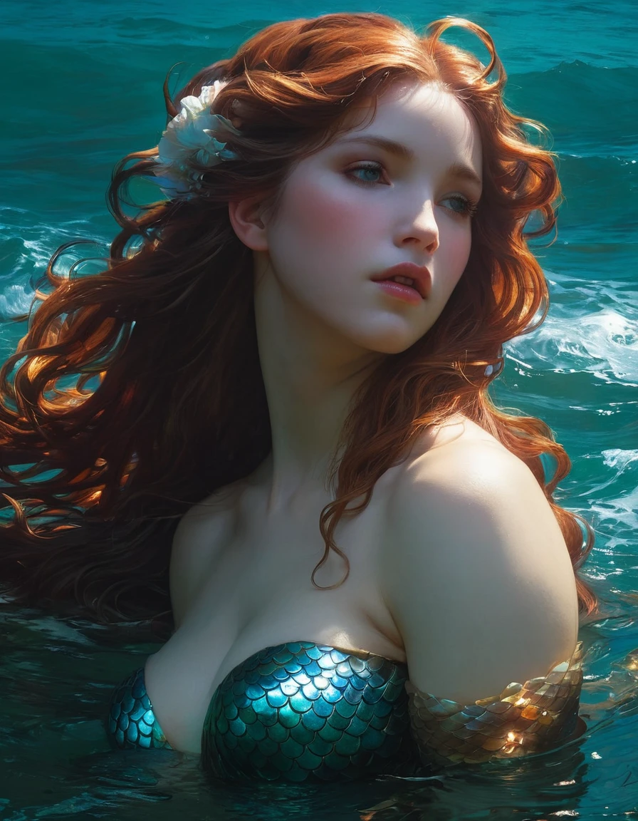 a mermaid in the dark,by Alexandre Cabanel, Bouguereau, Jacob Collins, Solomon J Solomon, John Williams Waterhouse, Lord Frederic Leighton, Tadema, étienne adolphe piot, French Painting --stylize 750.0, comic illustration in the style of Jim Lee --ar 2:3 --v 6.0 designed digital art, trending digital fantasy art,stephen lau and artgerm, as seen on artgerm, artgerm julie bell beeple, stanley artgerm lau, artgerm and ben lo, portrait of , artgerm on artstation pixiv